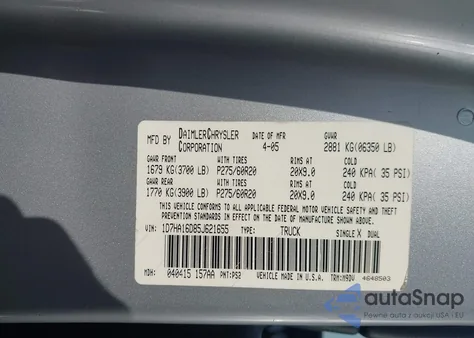 2005 Dodge Ram 1500 Slt/Laramie from USA, damaged, VIN 1D7HA16D85J621655